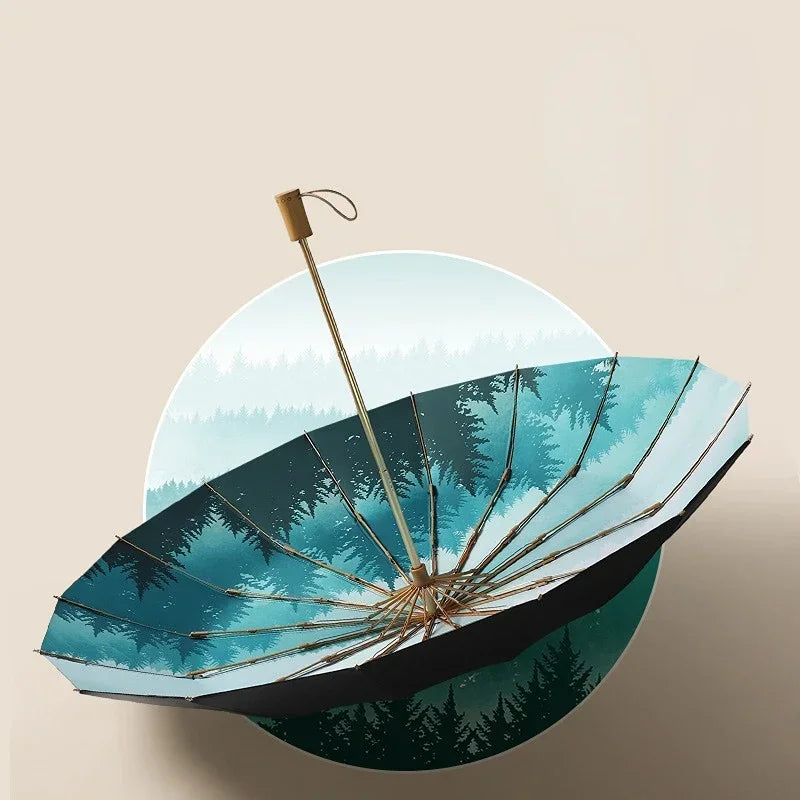 16 Bone Three Fold Wood Handle Vinyl Wind Resistant Business Advertising Gift Umbrella Sun Umbrella Oasis Select