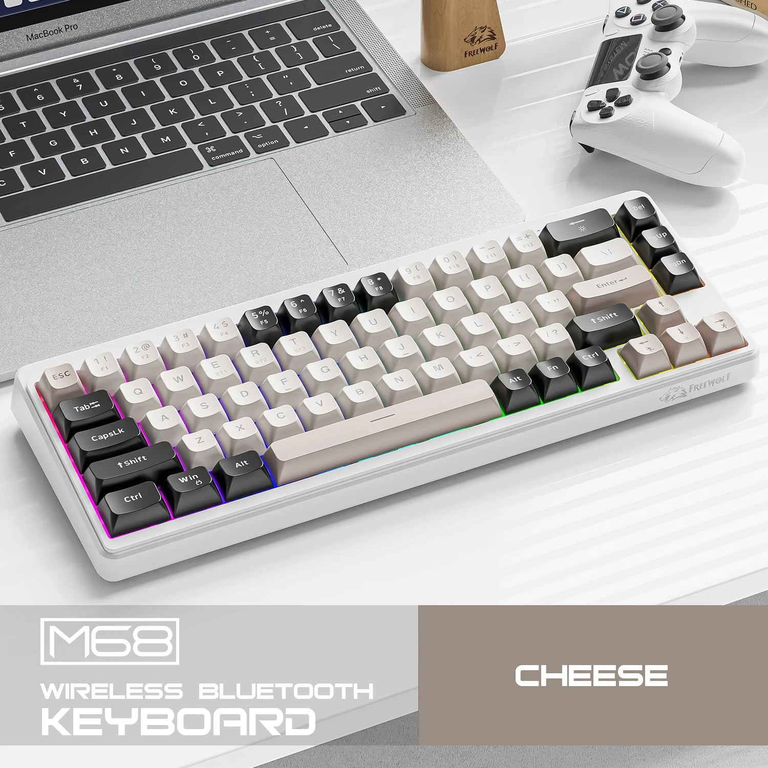 FREEWOLF M68 Three-mode BT/2.4G/Wired Keyboard, 2000mAh Battery, Colorful Rainbow Backlit, Durable PBT Keycaps, Double Leg Brace Oasis Select M68-Cheese