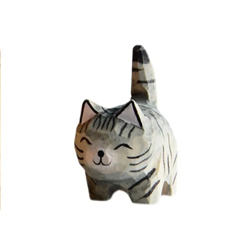 Handmade Wood Carved Cat Figurine | Gray & Orange Kitten Decor