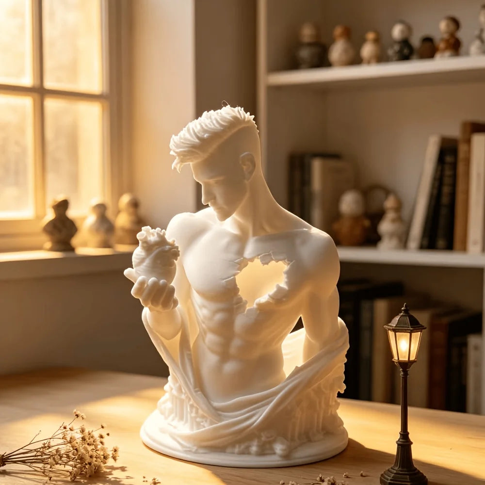 Broken Chest Male Bust Figurines 3D Printed Man Holding Anatomical Heart Sculpture Art Tabletop Decor for Home Office Desk Study Oasis Select