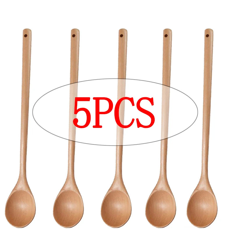 Long Handle Wooden Stirring Spoons – 13" Natural Wood Set Wooden Cooking Spoon Oasis Select 5pcs Light color