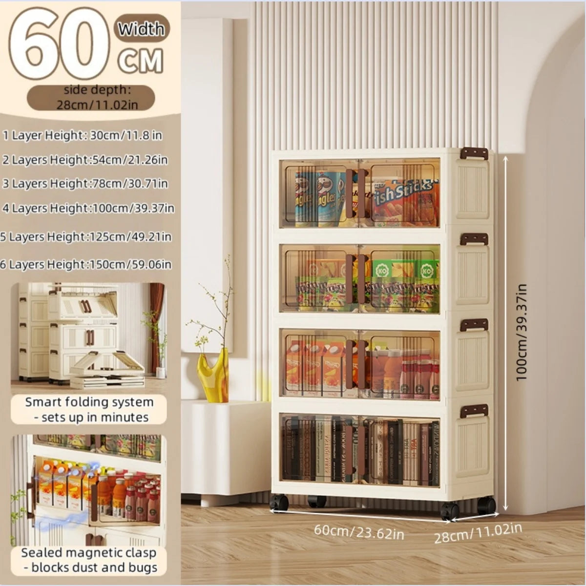 Foldable storage cabinet - movable multi-level double-door storage cabinet - living room and kitchen transparent storage box Oasis Select 4 Tier Gray