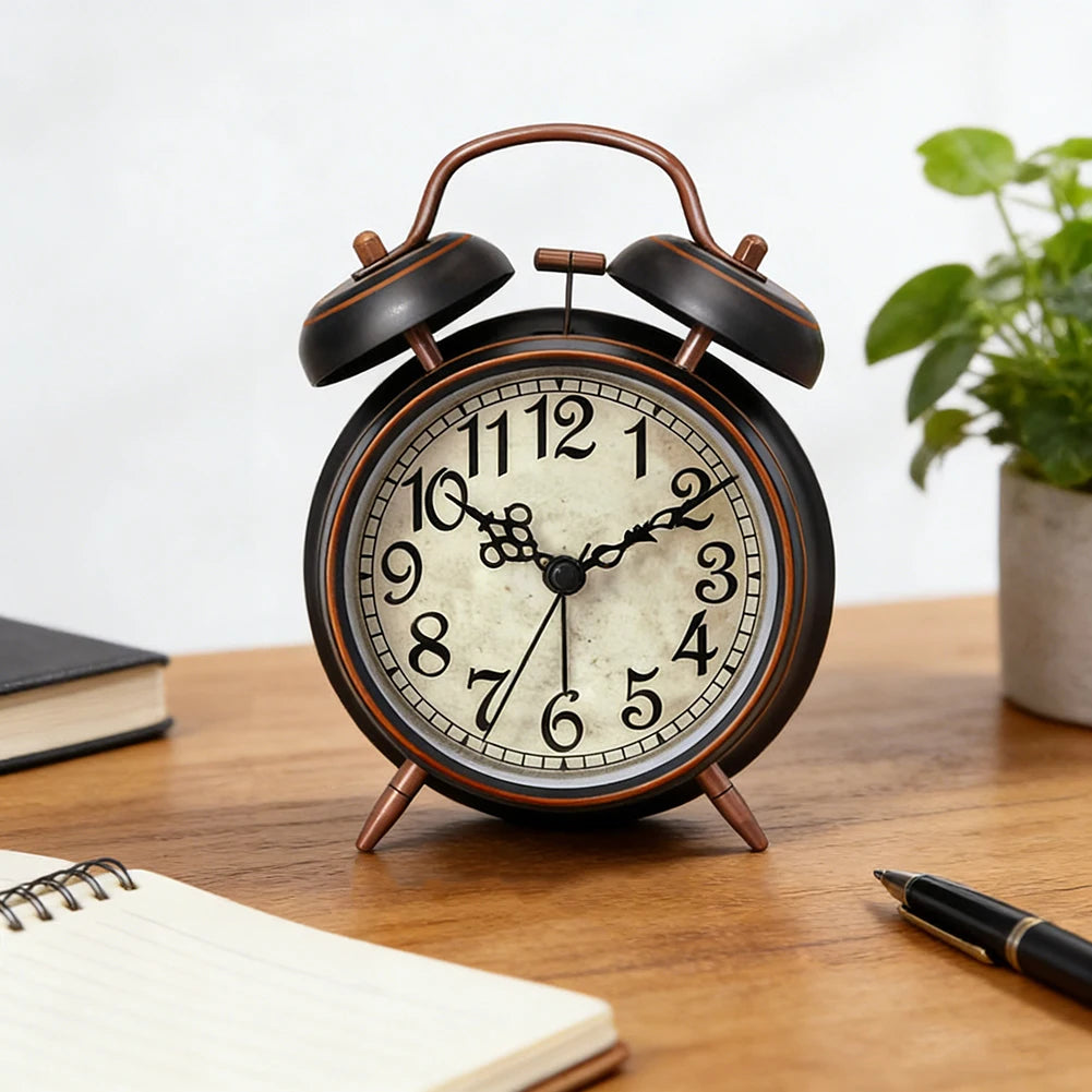 Antique Copper Twin-Bell Alarm Clock | Silent & Night Light