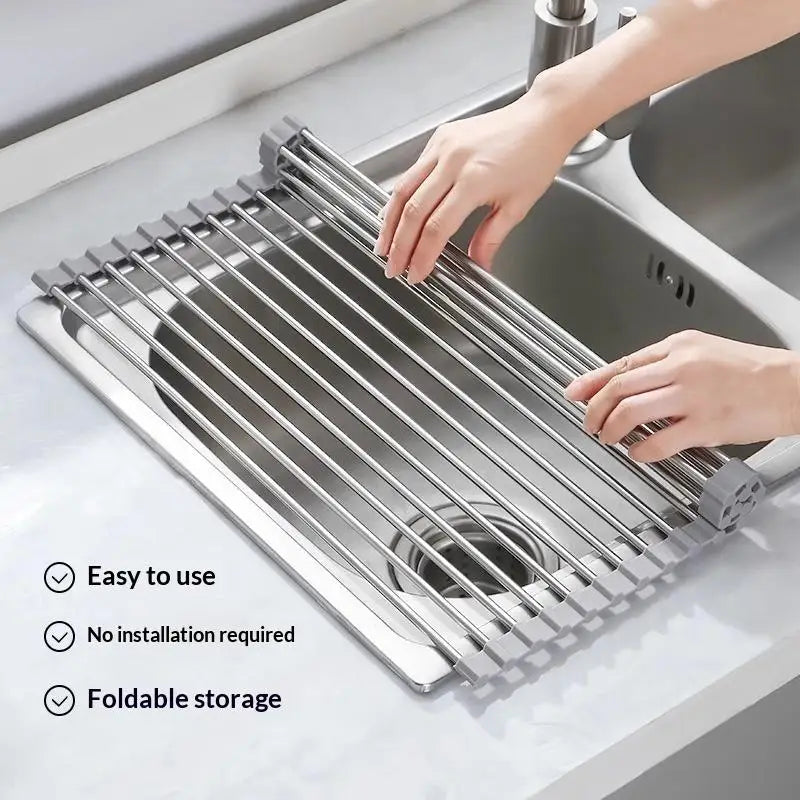 Rollable Foldable Rustproof Stainless Steel Sink Drying Rack Durable Dish Drain Holder for Kitchen Storage Organizer Oasis Select