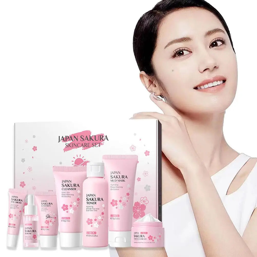 LAIKOU 7PCs Facial Skin Care Set Gentle Skin Cleaning Travel Skincare Set For Girls W/ Cleanser Toner Face Serum Cream Eye Cream Oasis Select