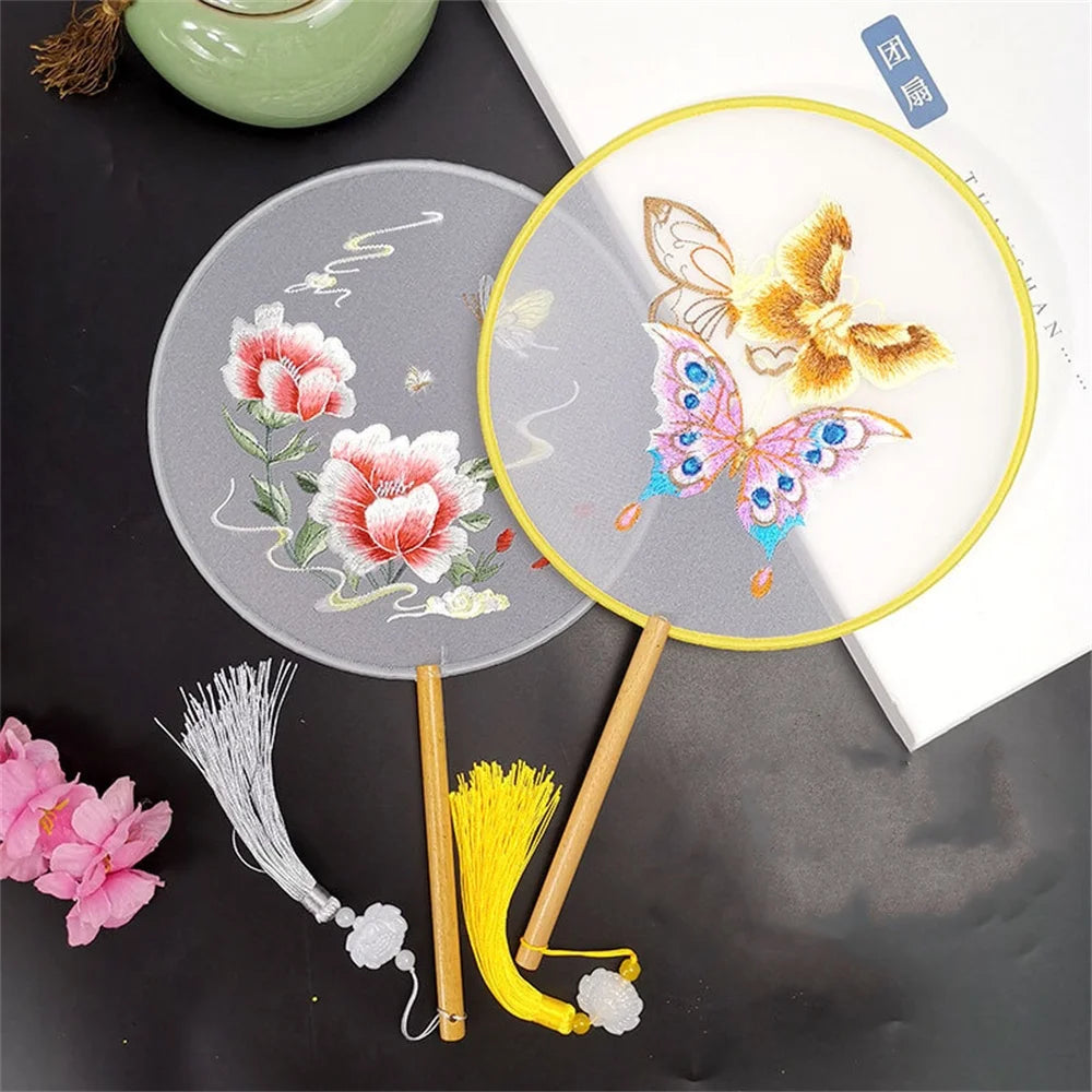 Round Double Sided Embroidery Fan Chinese Style Wooden Handle Embroidery Round Fan with Pendant Handheld Flower Silk Fan Oasis Select