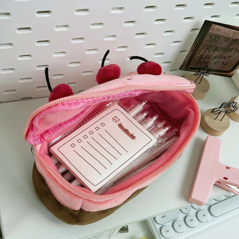 Sweet Plush Cherry Cake Shaped Storage Pouch Large Capacity Stationery Organizer Multifunctional Daily Supply Desktop Ornament Oasis Select