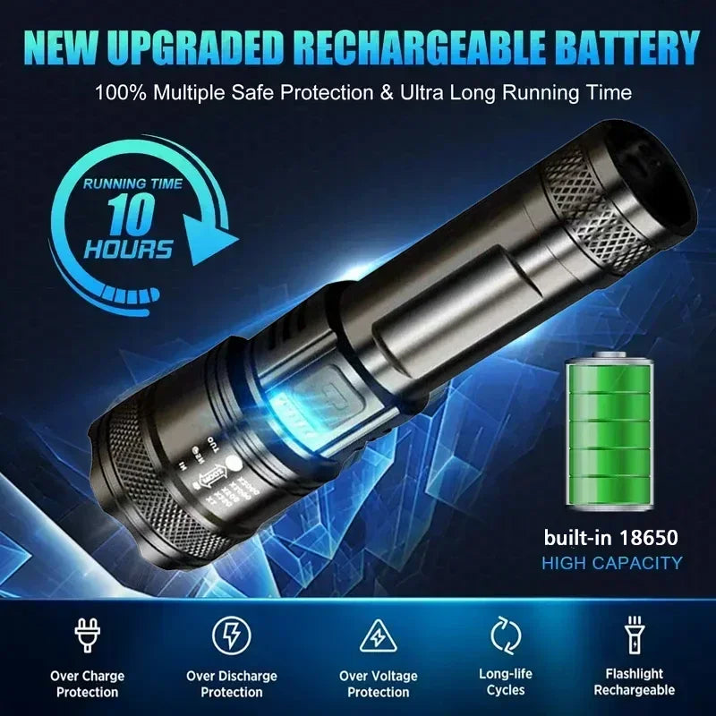 High Strong Power Led Flashlights Rechargeable Tactical Torch Safety Emergency Light for Outdoor Camping Fishing Working Zoom Oasis Select