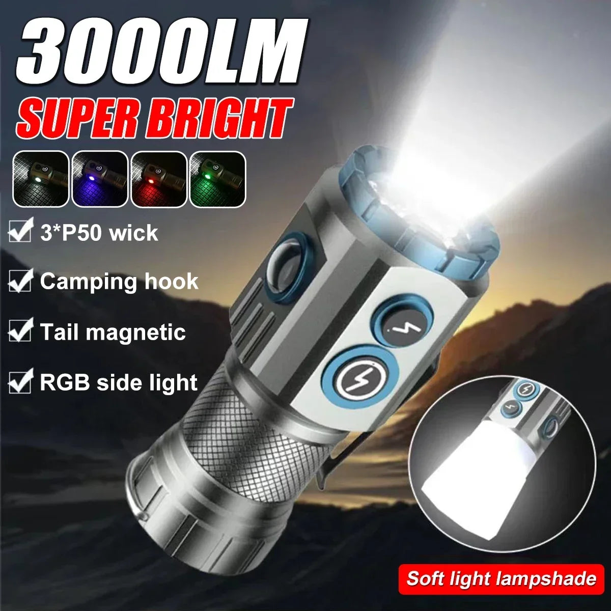 Strong LED Long Range Flashlight Portable Outdoor Camping Multi Functional Side Lights Super Bright Clip Cap Small Flashlight Oasis Select