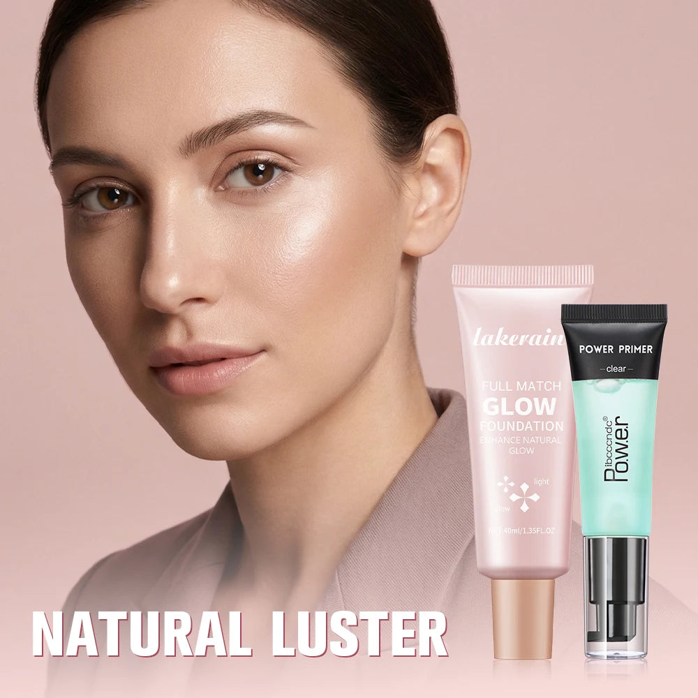 Powder Grip Primer Gel & Glow Foundation Makeup Kit Hydrating Smoothing Skin Lightweight Brighthen Shiny Fase Cosmetics Combo Oasis Select