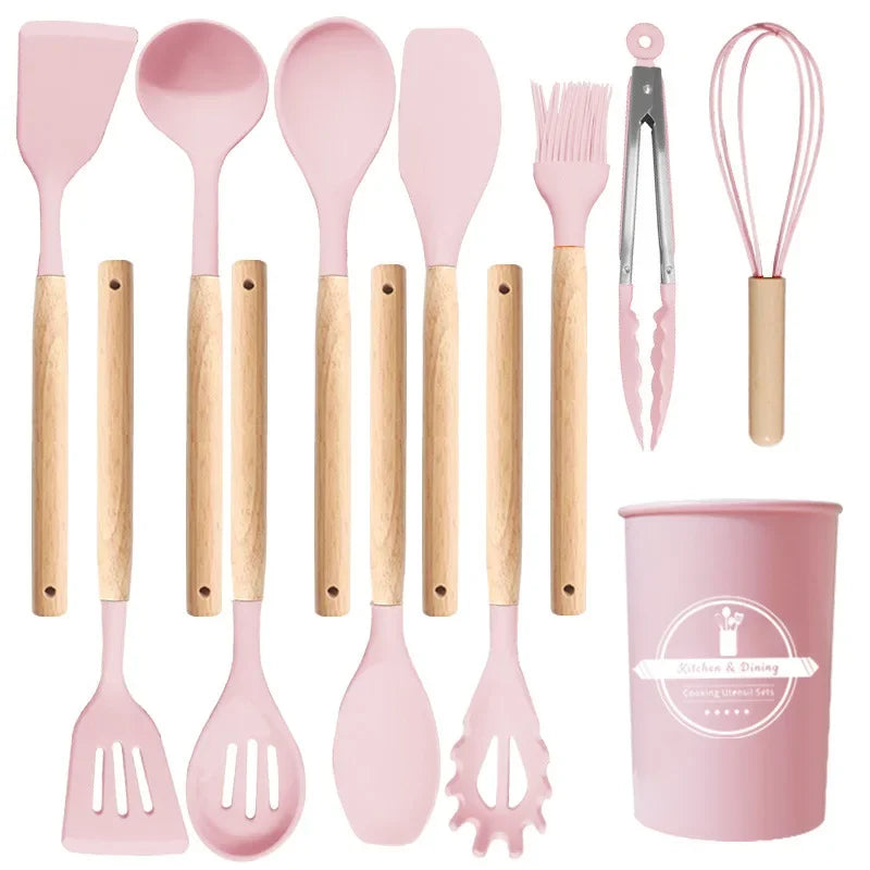 12Pcs Silicone Utensils Set Non-Stick Cookware Spatula Shovel Egg Beaters Wooden Handle Kitchenware Home Kitchen Cooking Tools Oasis Select Pink 12PCS
