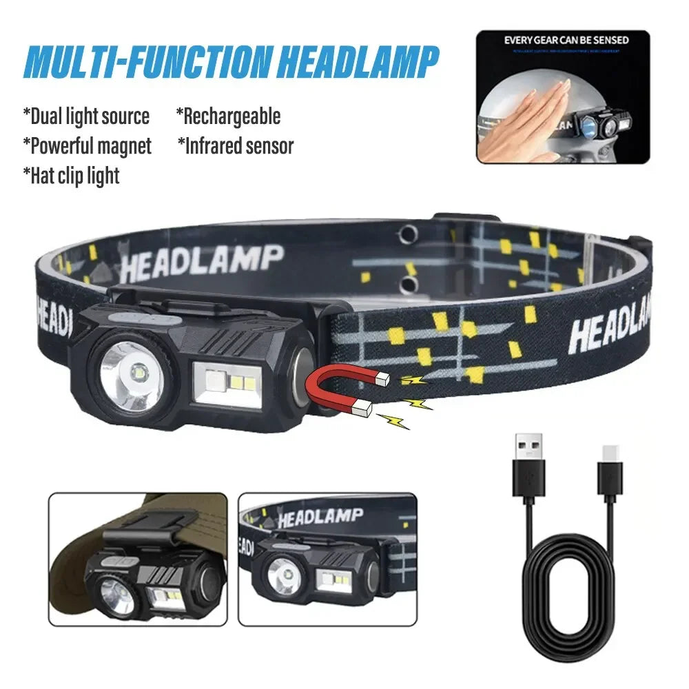 Mini LED Headlamp Motion Sensor Camping Fishing Lantern USB Rechargeable Headlight with Magnet Warning Lamp Cap Clip Lights Oasis Select
