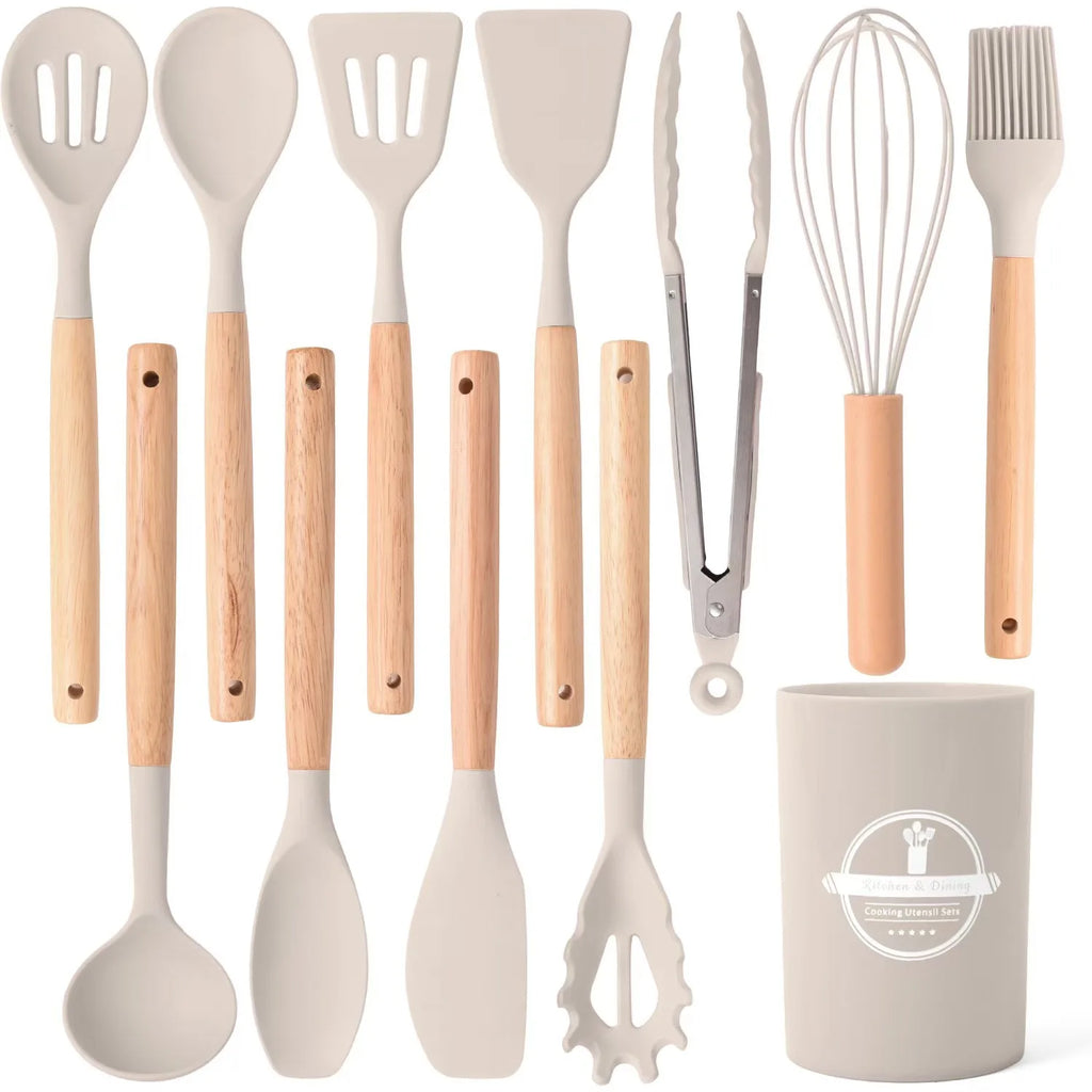 12Pcs Silicone Utensils Set Non-Stick Cookware Spatula Shovel Egg Beaters Wooden Handle Kitchenware Home Kitchen Cooking Tools Oasis Select Khaki 12Pcs