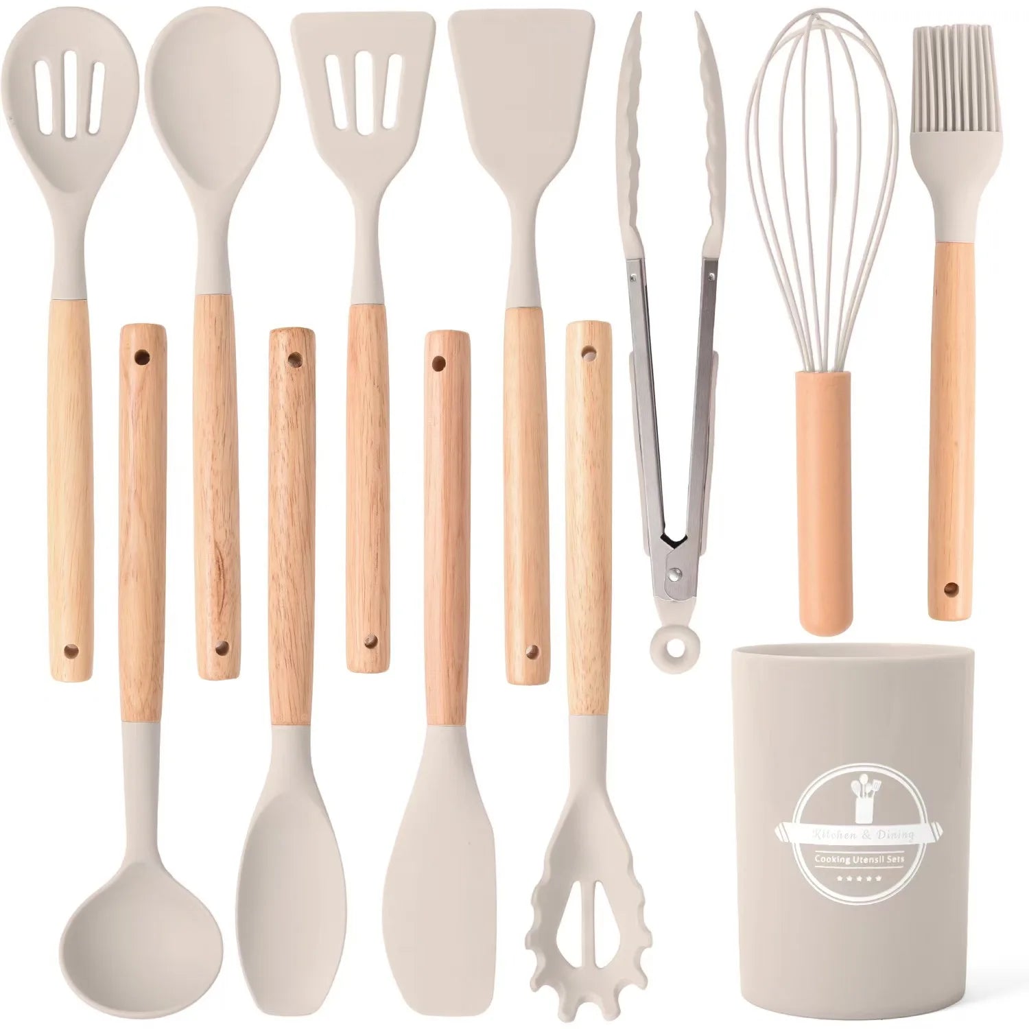 12Pcs Silicone Utensils Set Non-Stick Cookware Spatula Shovel Egg Beaters Wooden Handle Kitchenware Home Kitchen Cooking Tools Oasis Select Khaki 12Pcs