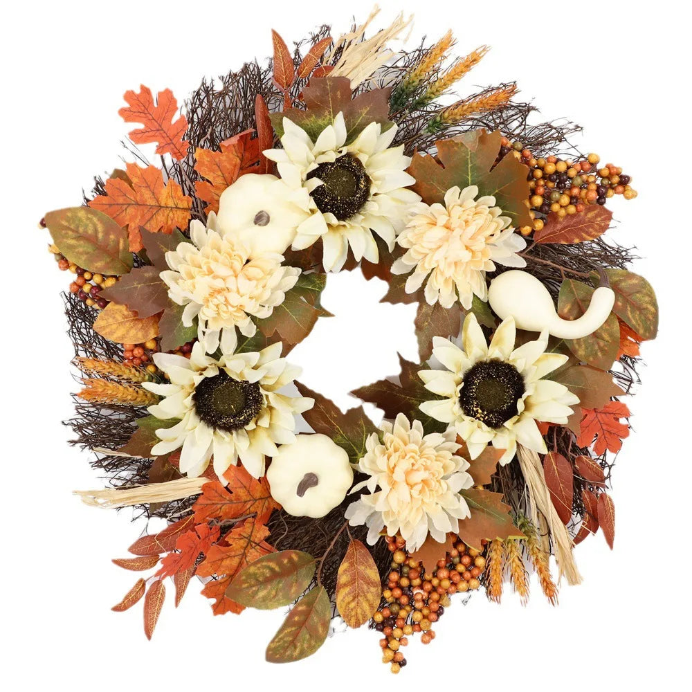 Autumn Door Wreath Christmas Halloween Decoration Pumpkin Berry Pine Cone Maple Artificial Cloth Rattan Material Home decoration Oasis Select