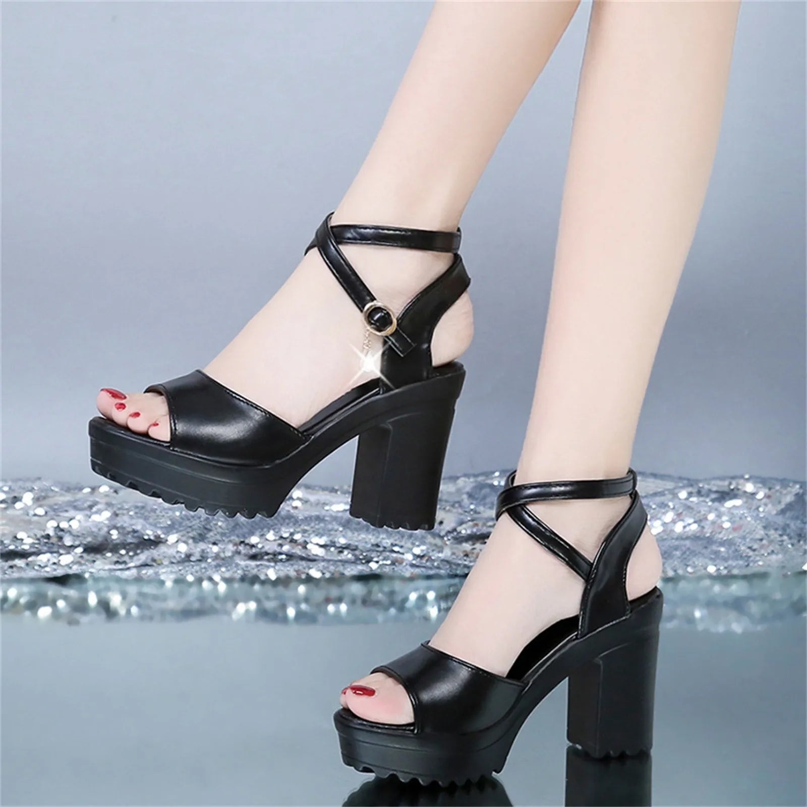 Women Fish Mouth Platform High Heels Wedges Buckle Slope Sandals Women Shoes Woman Platform High Heels Sandals High Heels Oasis Select 38 Black