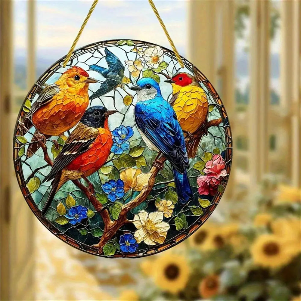 NEW Acrylic Painted Hummingbird Pendant Bird Floral Pattern Suncatcher Round Wreath Porch Window Outdoor Patio Hanging Ornaments Oasis Select Style E-8cm