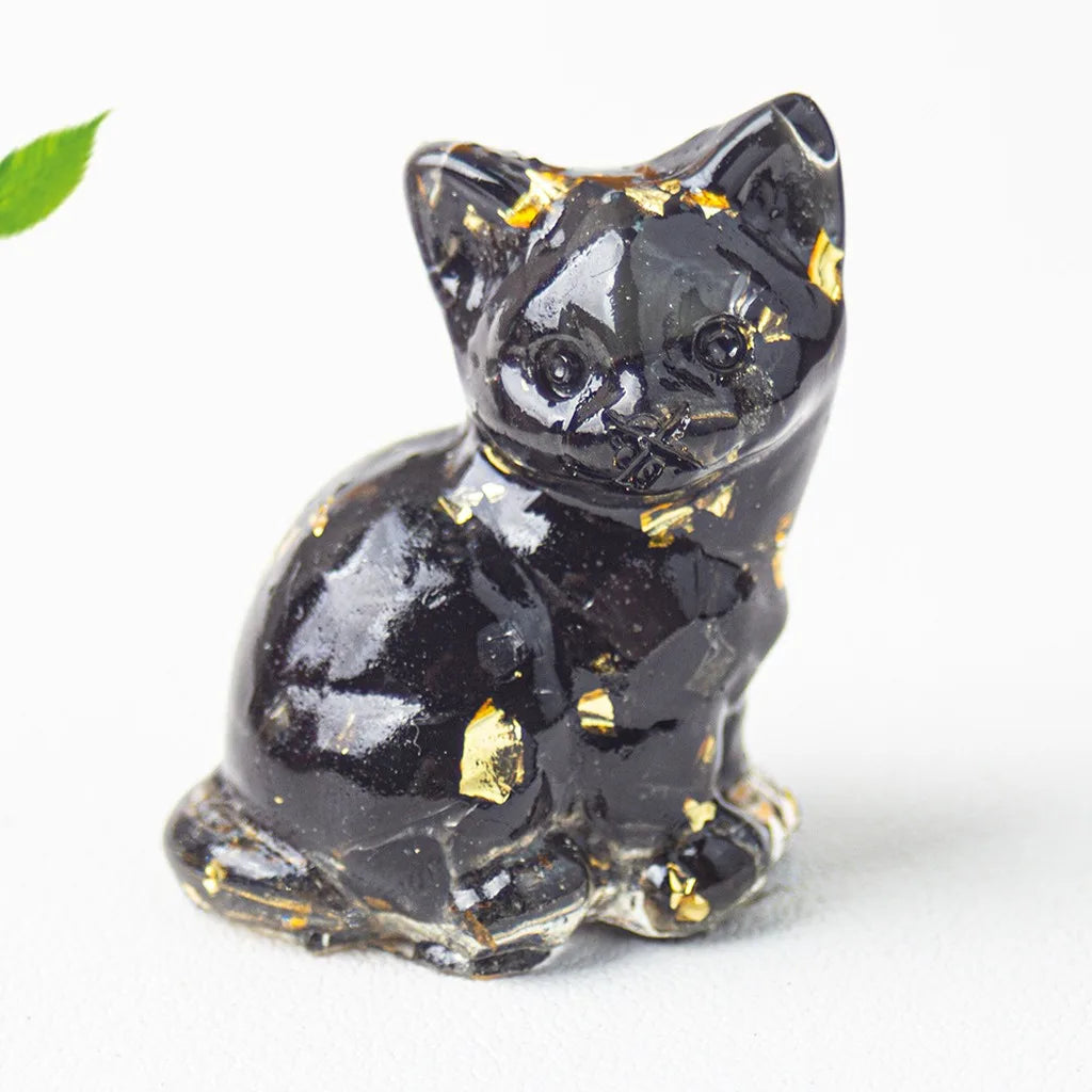 Natural Crystal Gravel Resin Sitting Turning Face Cat Figurine With Gold Foil Cute Desktop Decor For Home Office Oasis Select Black Gold