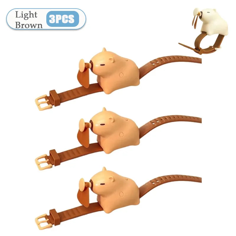 1-10PCS Cute Capybara Wrist Fan Portable Handheld Fan USB Rechargeable Silent Wearable Watch Style Cooling Gadget for Summer Oasis Select Light Brown-3PCS