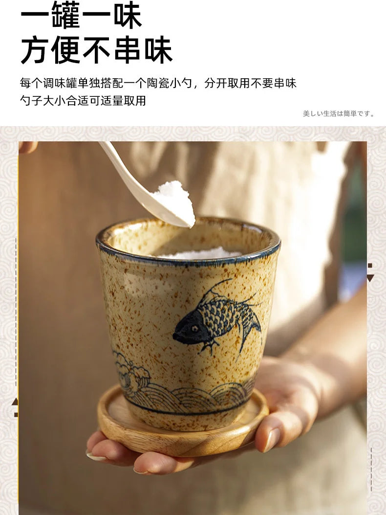 Ceramic Retro Seasoning Pot Hand-painted Salt Pot Oil Tank Pepper Pot for Kitchen Oasis Select