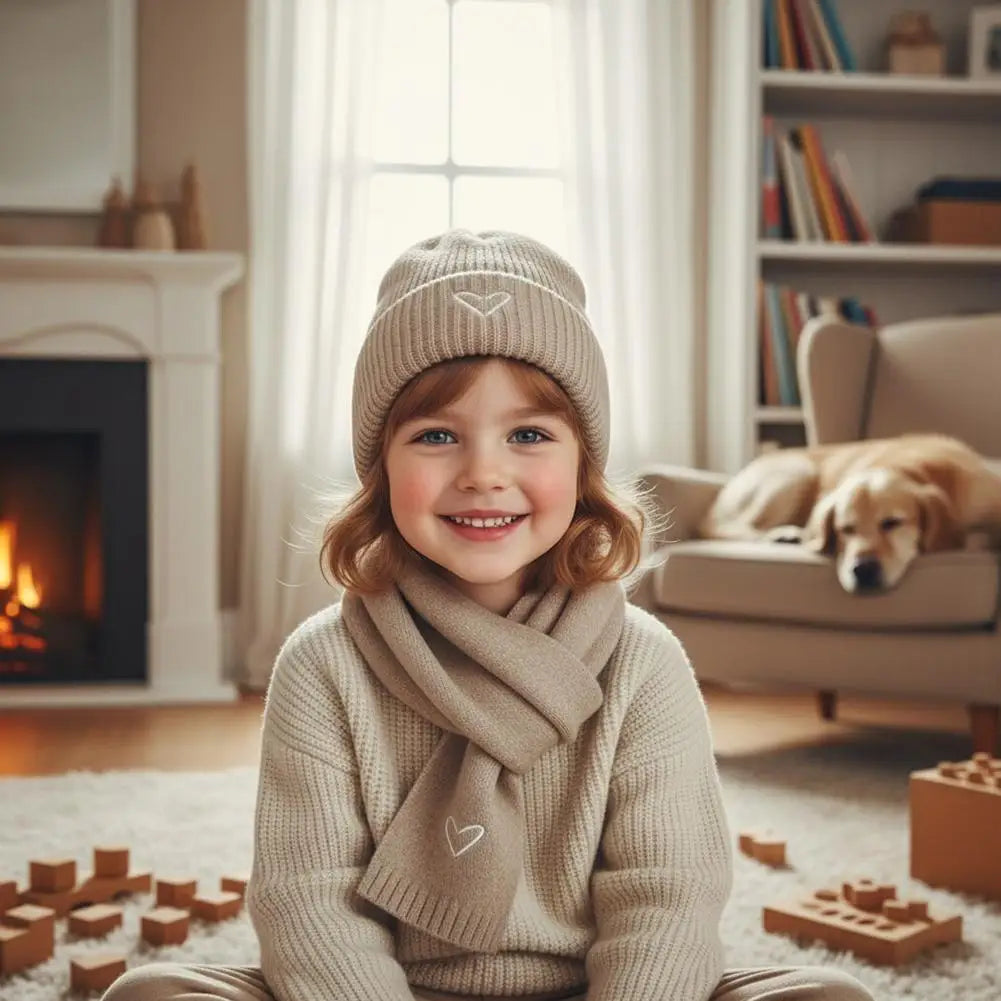 Winter Warm Solid Color Kids Knitted Hat Scarf Love Heart Embroidery Autumn Baby Beanie Outdoor Anti-cold Boys Girls Cap Scarves Oasis Select
