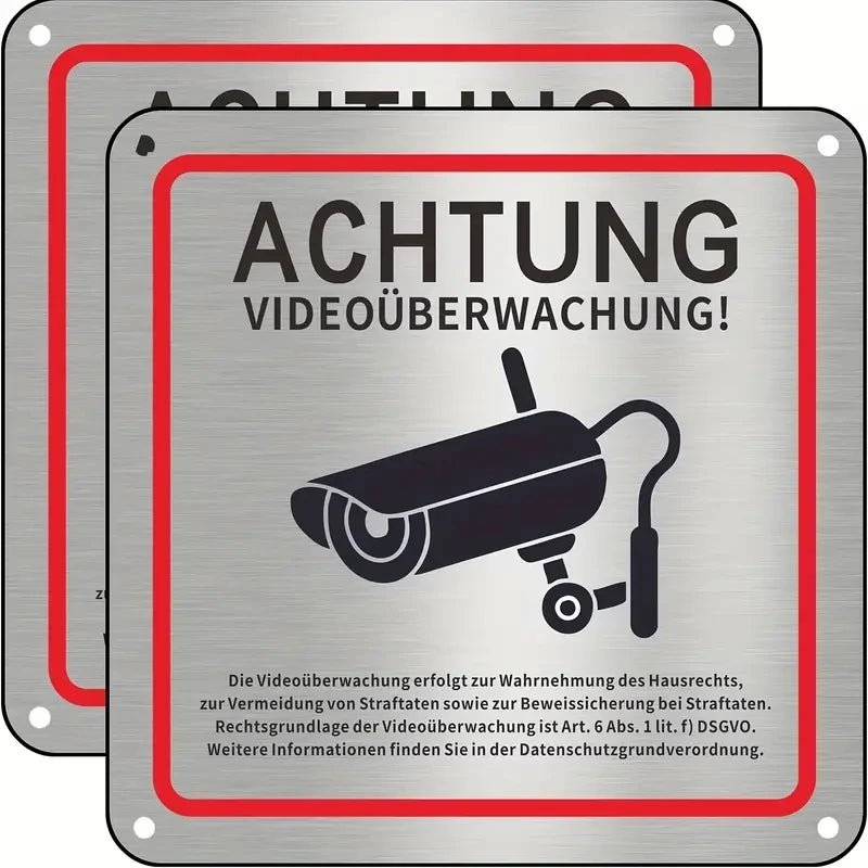 Aluminum Alloy Wall-Mounted Surveillance Camera Signage - German Text & Symbols - Metal Security System Plaque Oasis Select 2PCS
