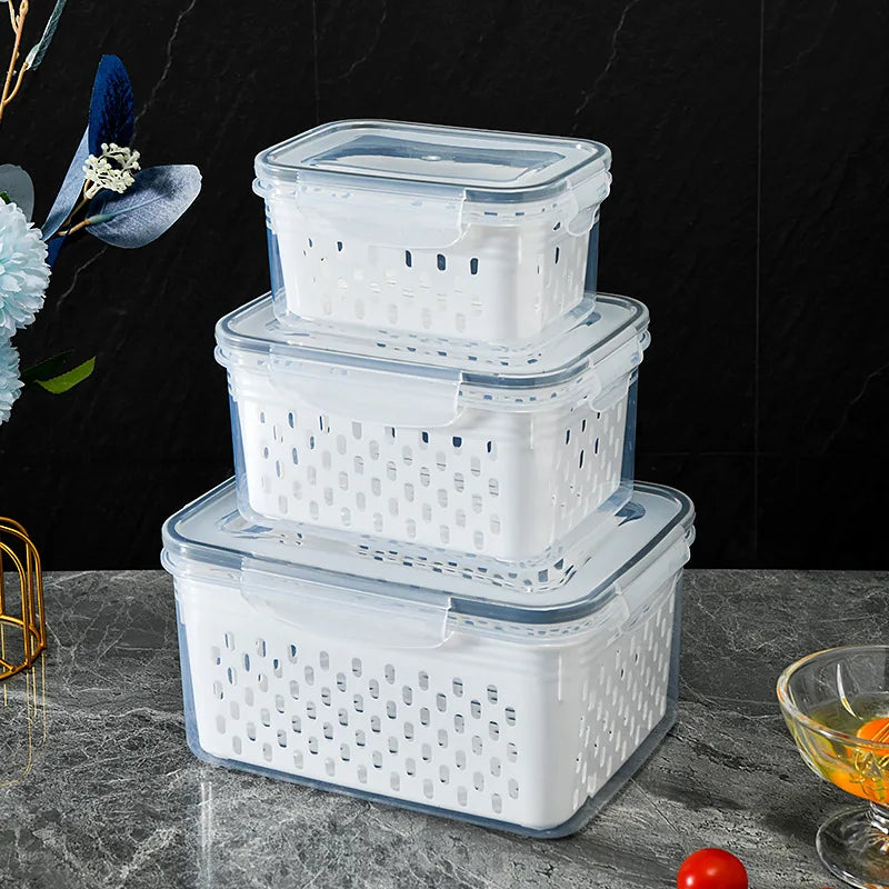 3Pcs/set Refrigerator Storage Containers, Airtight Produce Saver, Large Capacity Drain Basket, Dishwasher Safe Fresh Food Box Oasis Select