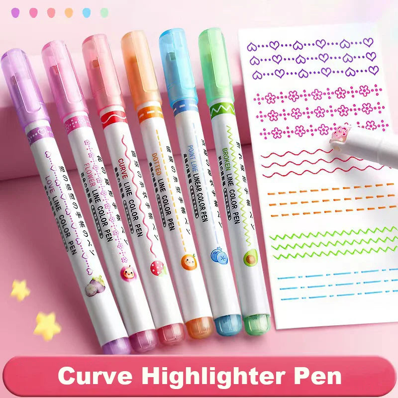 Curved Tip Flower Marker 6Pcs Floral Outline Highlighter Kawaii Graffiti Pen Practical School Study Goods Oasis Select
