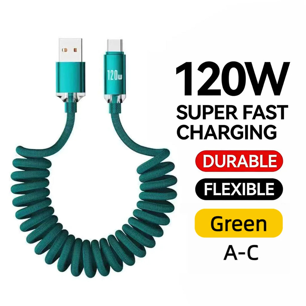 120W Spring USB Type C Cable Fast Charging For Huawei Xiaomi Mobile Phone Type C To USB C Cable For iPhone 15 16 Samsung Cable Oasis Select A to C Green 1m