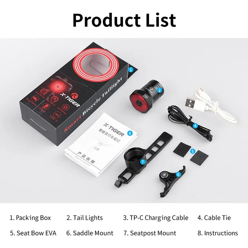 X-TIGER Bike Rear Light Smart Brake Sensing Light Bicycle Tail Light IPX6 Waterproof LED Charging Taillight Cycling Accessories Oasis Select