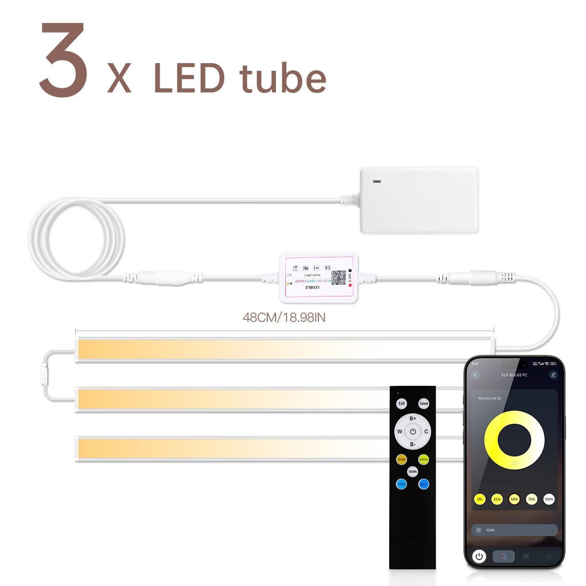 1-10pc Dimmable CCT LED Light Bar Cabinet Lighting 48CM 2700K-6500K Aluminium Tube Bluetooth APP Control Above the Stove Sink Oasis Select European Power Plug 3Pcs LED Bar