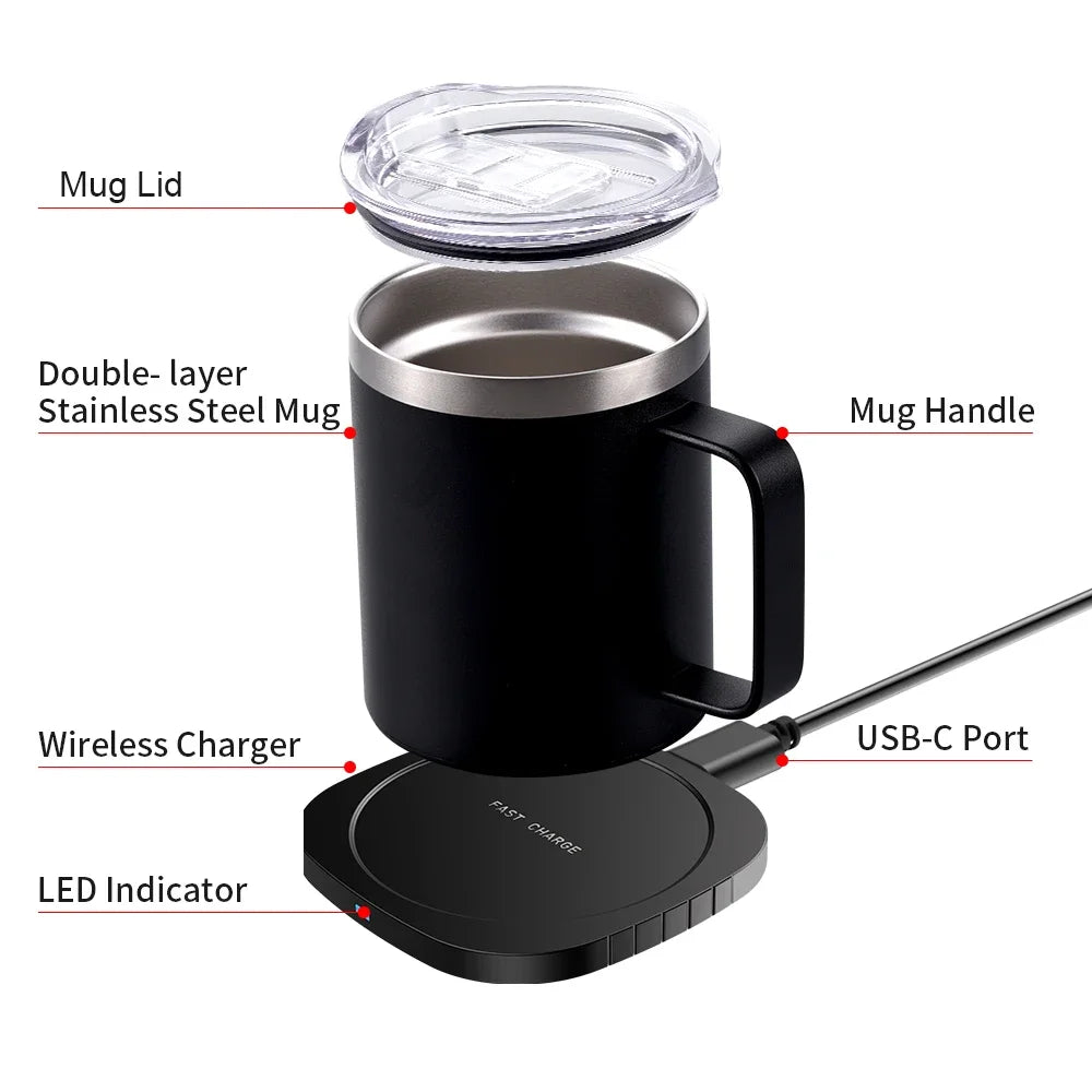 2 IN 1 Coffee Mug Warmer and Wireless Charger with Cup and Lid 55℃/131℉ Intelligent Constant Temperature 10.5oz Oasis Select