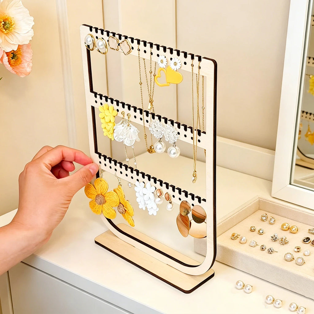 1pc wooden earrings necklace vertical desktop jewelry display storage rack detachable portable three-layer jewelry storage rack Oasis Select
