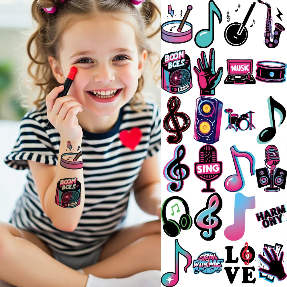 63-Pack Music Cartoon Temporary Tattoos – Waterproof Stickers Temporary Tattoo Set Oasis Select