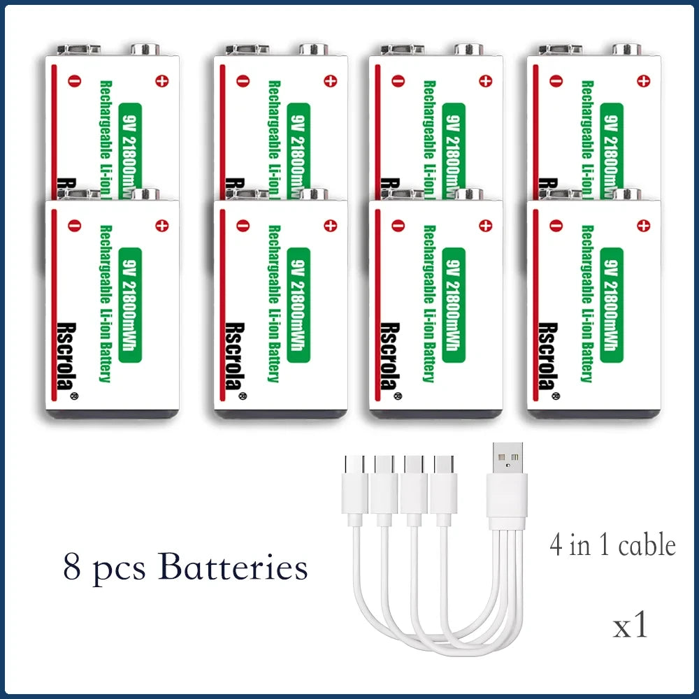 9V Lithium ion Rechargeable Battery 21800mWh High Capacity Long-Lasting for Guitar Microphone Smoke Detector Pedal with Cable Oasis Select 8 pcs 9v Battery 9v