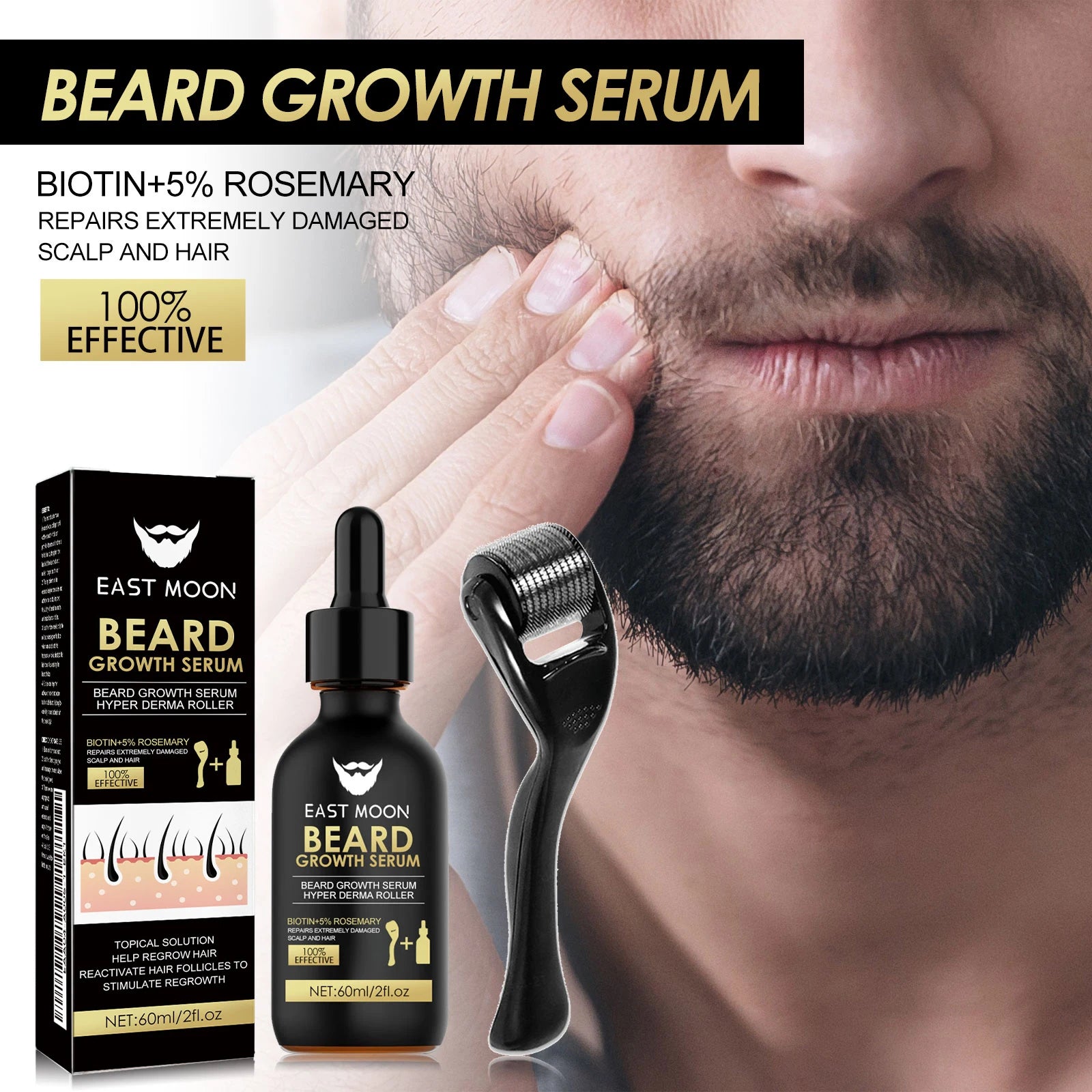 Beard Growth Serum Kit 0.2mm Derma Roller Infused Activate Hair Follicles Repair Damaged Beard Boost Fuller Thicker Beard Serum Oasis Select