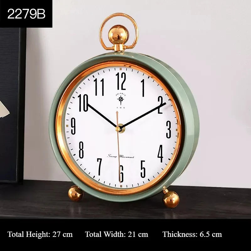 European Vintage Retro Table Clock Silent Non-Ticking Desk Clock Luxury Mantel Clock Home Living Room Desktop Ornament Oasis Select Green