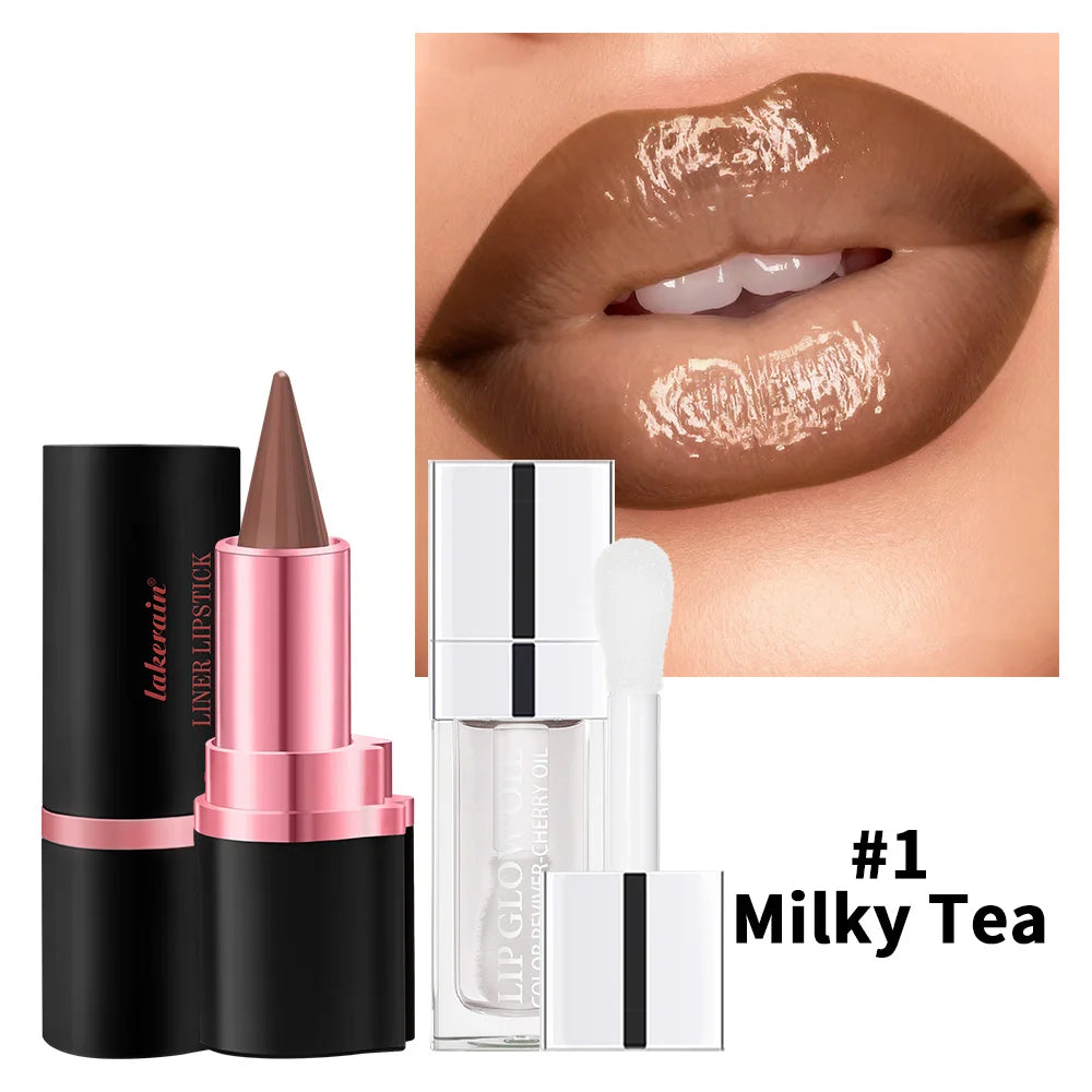 Lip Gloss & Lip Liner Set Long Lasting HydratingLip Gloss Lip Stain Contour for Every Makeup Style Women Lip Cosmetics Kit Oasis Select 1Milky Tea