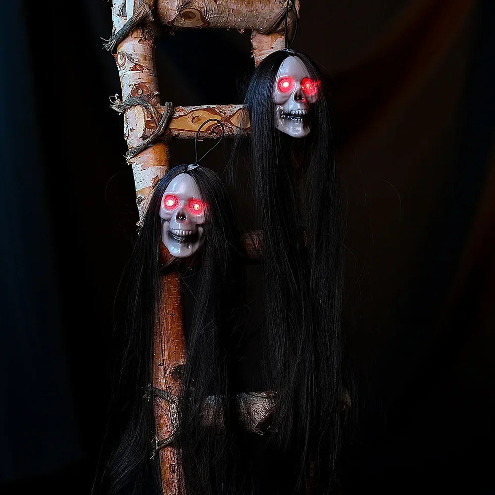Halloween Hanging Ghost Skull with Long Hair Glowing Eyes Terror Skull Ghost House Head Skeleton Props 2024 Halloween Decoration Oasis Select