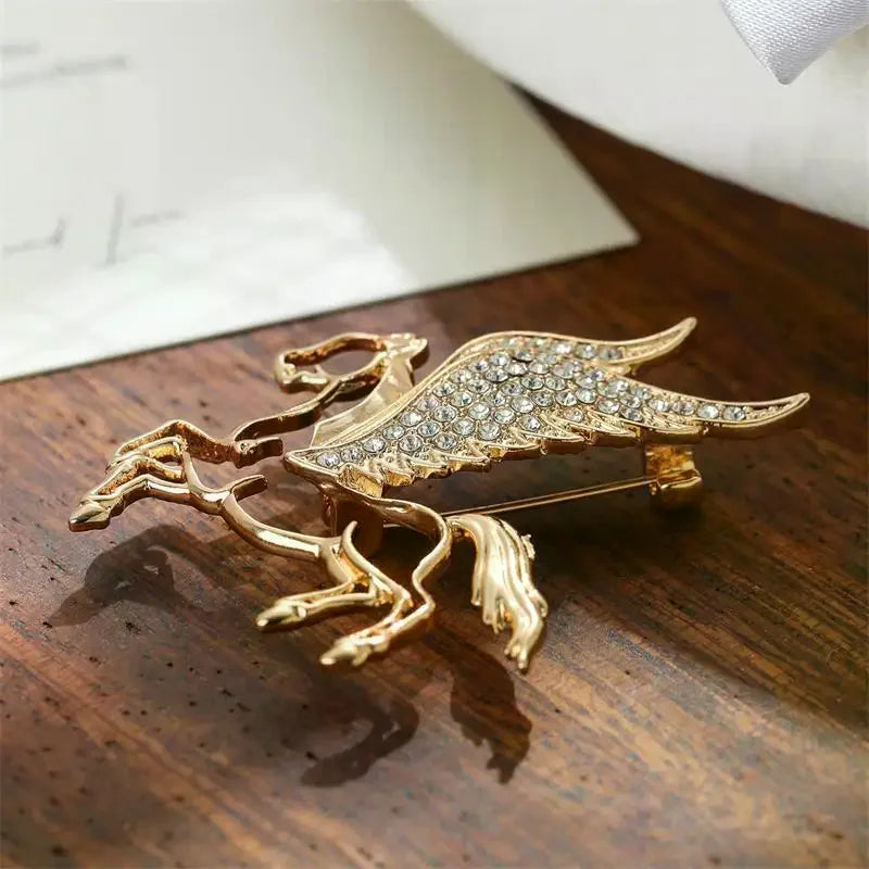 Fashion Rhinestones Alloy Horse With Wings Brooch Zodiac Pony Pins Women Men Clothing Accessory Suit Lapel Corsage New Year Gift Oasis Select