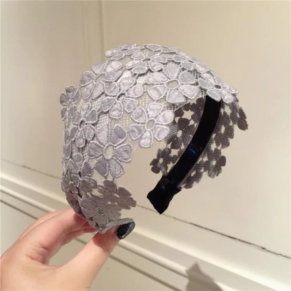 Fashion Embroidery Flower Lace Headband Anti-Slip Wide Edge Hair Hoop Handmade Hair Band Hair Accessories Oasis Select Grey