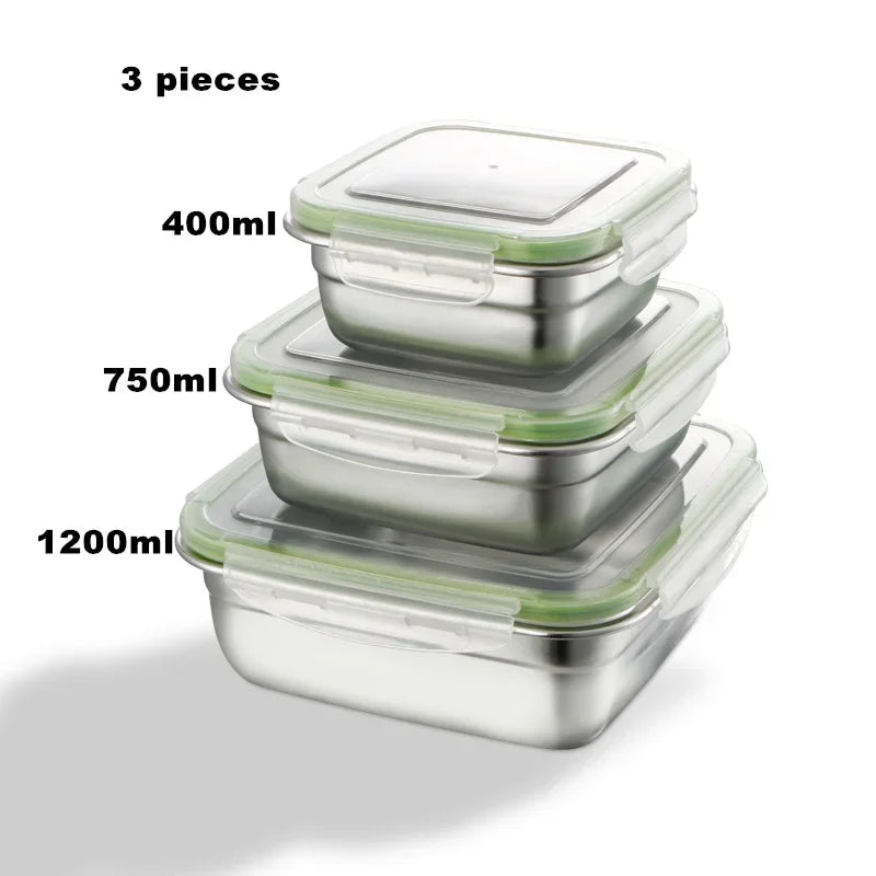 3 Pieces Stainless Steel Food Containers Food Storage Box Square Lunch Box 400/750/1200ml Oasis Select 3 pieces in all size