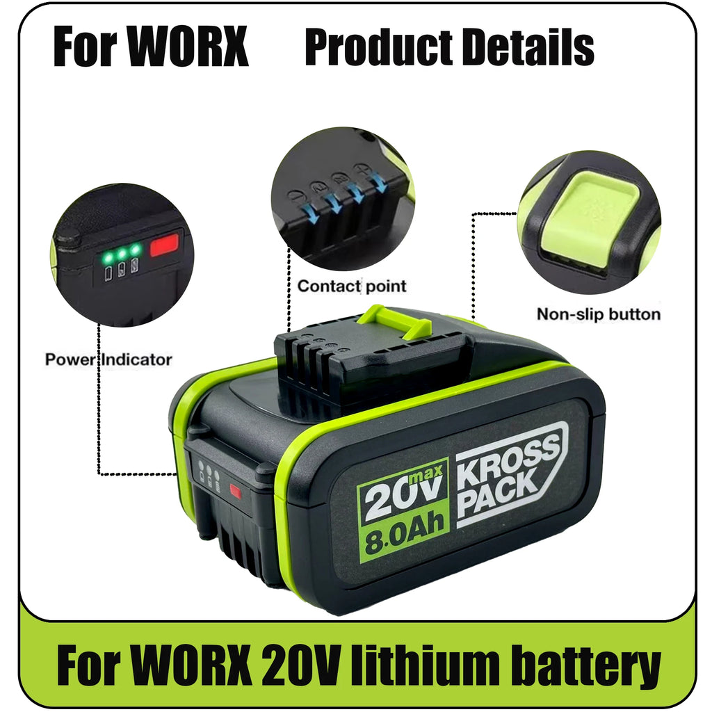 20V 6.0/8.0/Ah rechargeable lithium battery for power tools, suitable for Worx WA3553 35514 Oasis Select