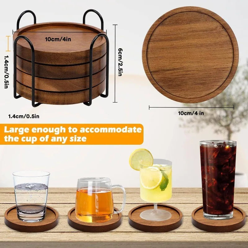 4Pcs/1set Japanese Style Bamboo Wood - Heat-Resistant Coasters - with 1 Iron Stand - Solid Wood Round Tea Cup Coasters Oasis Select