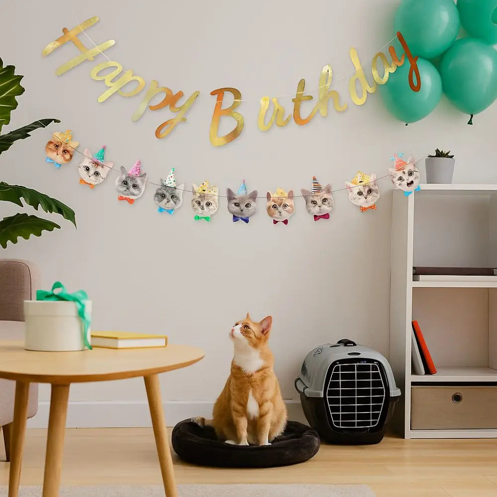 Cartoon Cat Happy Birthday Banner – DIY Paper Garland Decor
