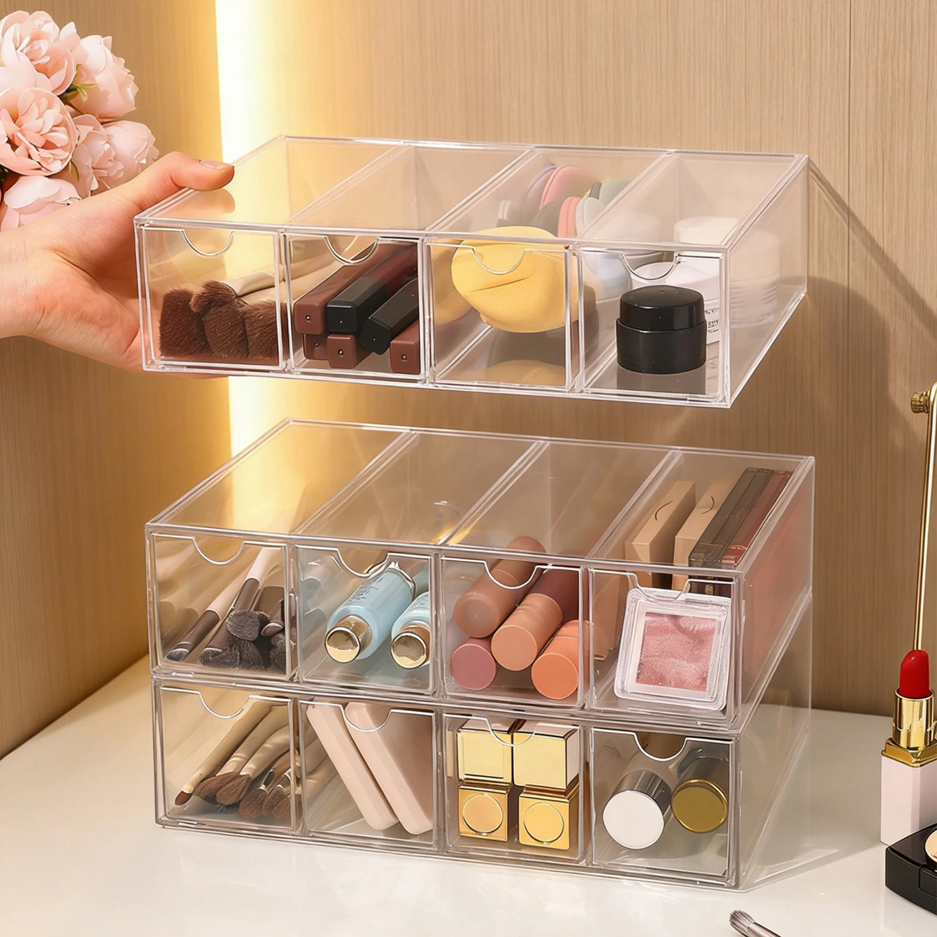 1pc one layer four grid transparent/white acrylic cosmetics storage box, stackable drawer style dressing table display box Oasis Select