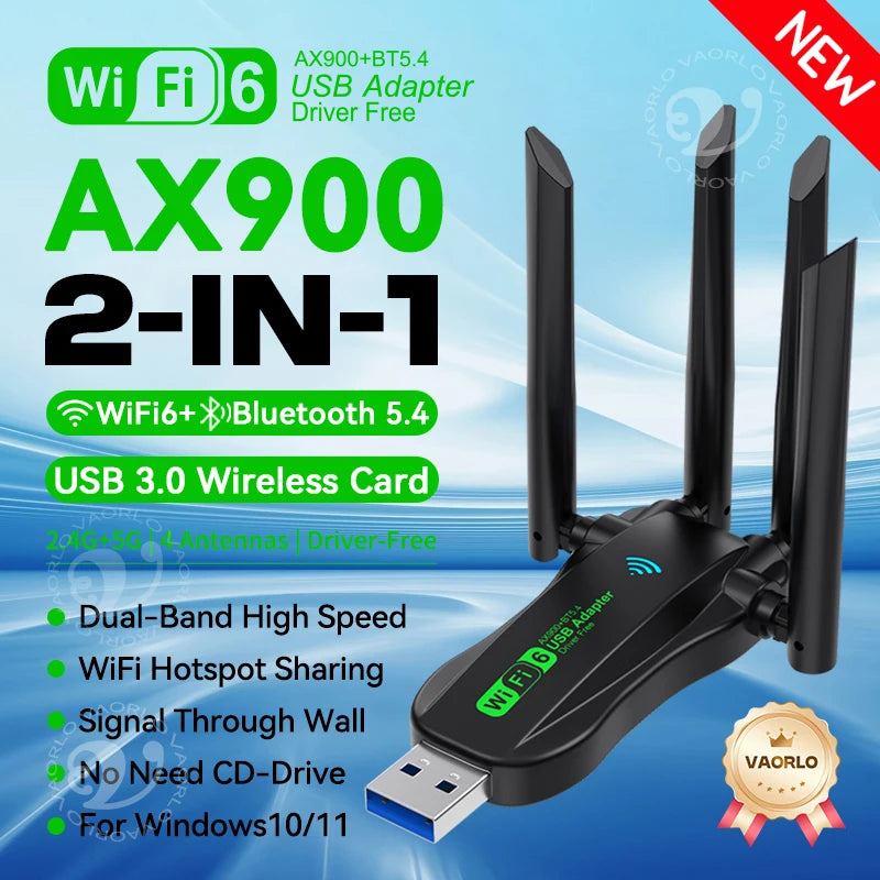 WIFI6 AX900 USB WiFi Bluetooth 5.4 Wireless Adapter Dual Band 2.4G+5GHz 4 Antennas 900Mbps Network Card Receiver For WIN 10/11 Oasis Select