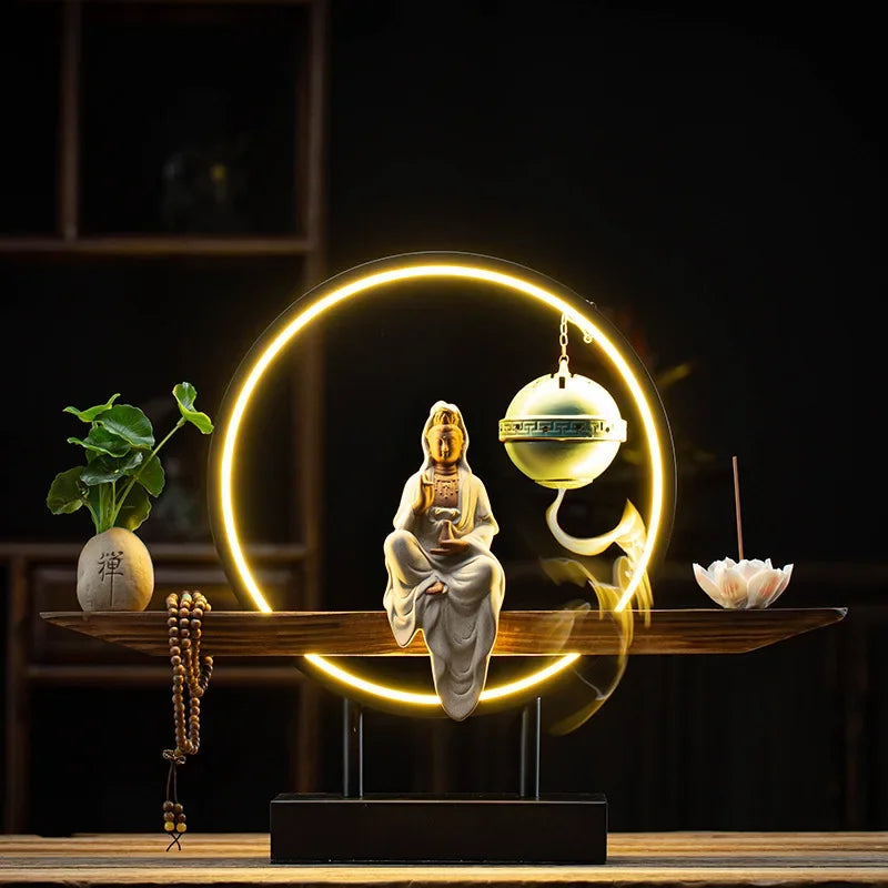 New Chinese Goddess of Mercy Buddha Reverse-flow Incense Burner Zen Decoration Home Decorative Crafts Oasis Select B