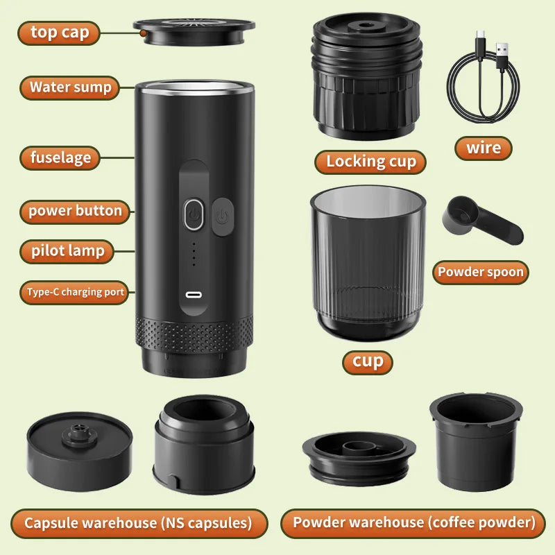 Wireless Electric Espresso Coffee Machine for Car & Home Camping Portable Coffee Maker 2-in-1 Capsule Powder Travel Coffee Maker Oasis Select