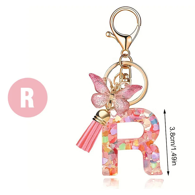 1pc Pink Glitter Letter Keychain with Heart Butterfly Tassel Crystal Resin Charm Fashion Accessory Gift for Women & Girls Oasis Select R
